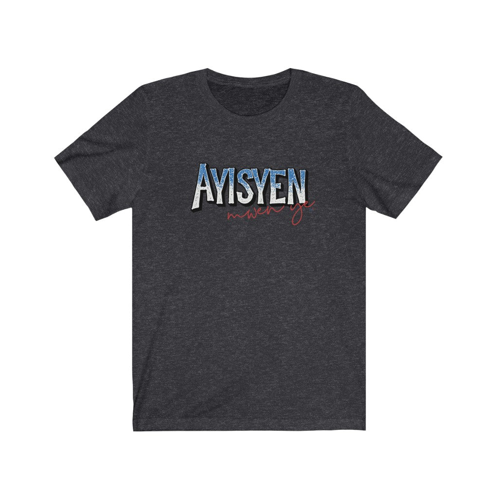 Flat lay of a dark grey heather Ayisyen Mwen Ye t-shirt from AyiTee