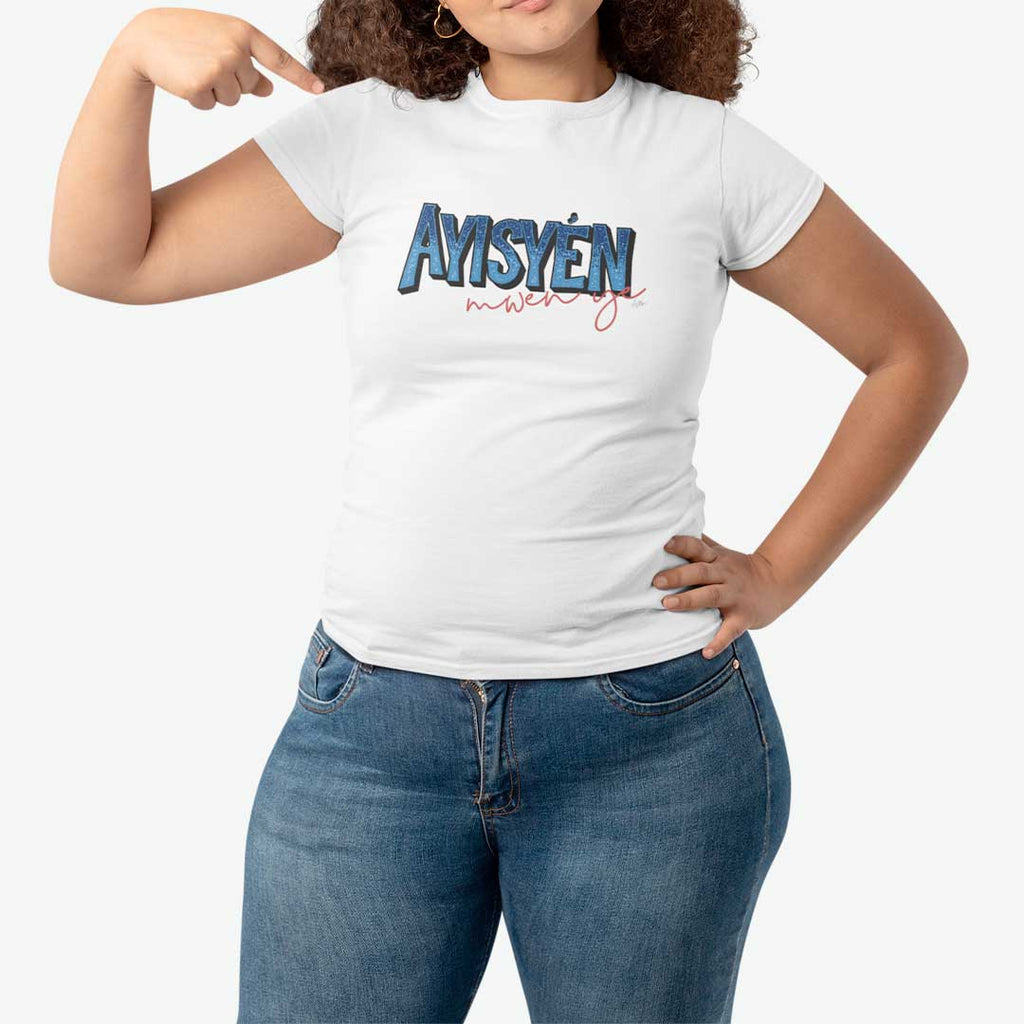 Female model wearing a white Ayisyén mwen ye t-shirt from AyiTee