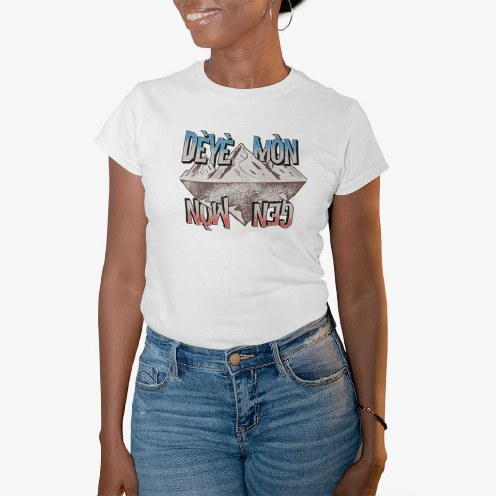 Female model wearing a white Dèyè Mòn Gen Mòn t-shirt from AyiTee