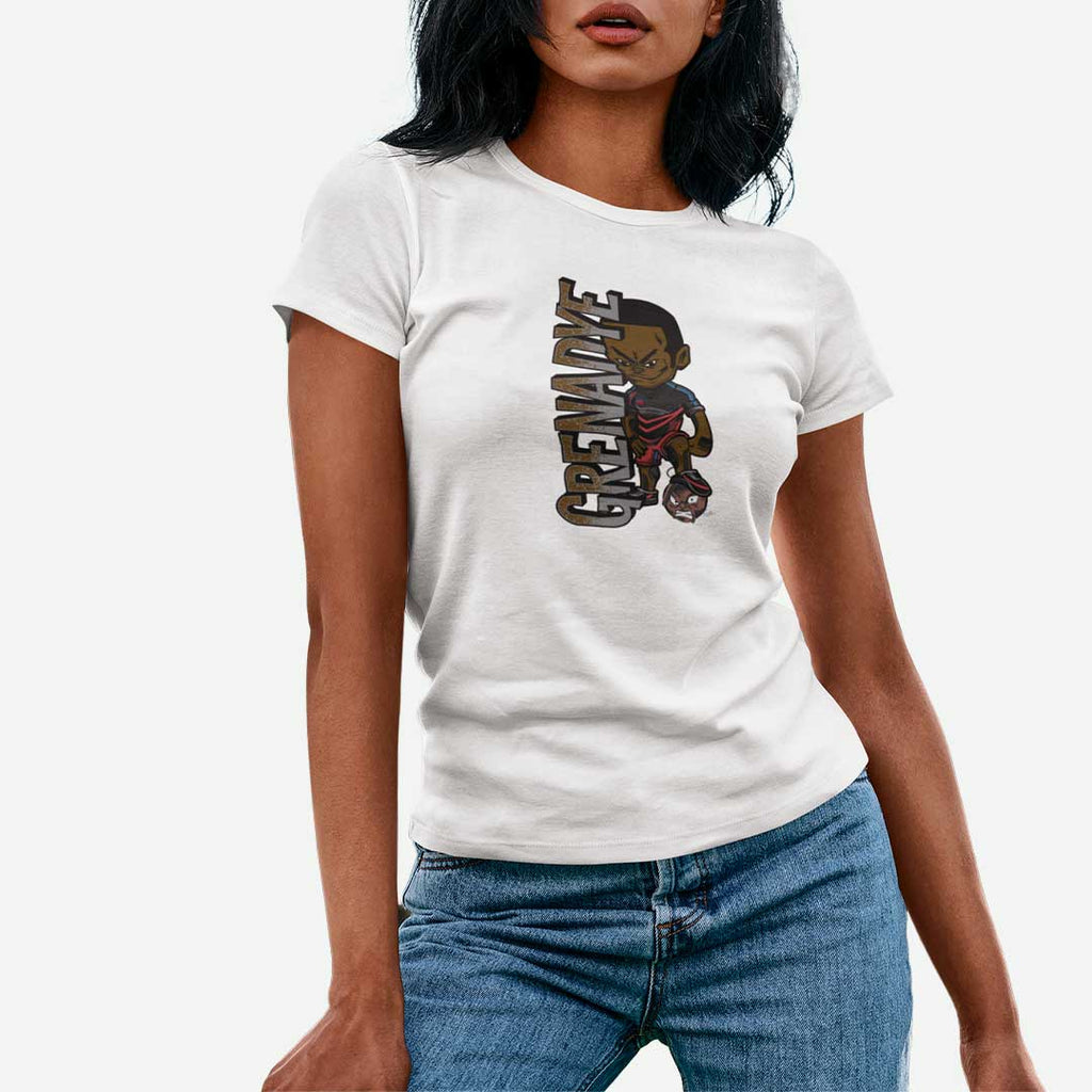 Female model wearing a white Grenadye t-shirt from AyiTee