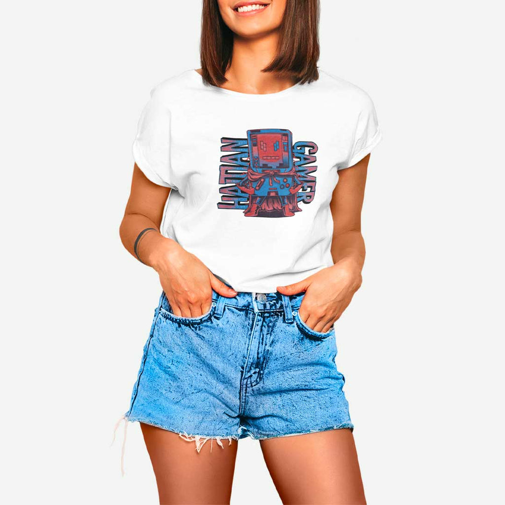 Female model wearing a white Haitian Gamer t-shirt from AyiTee