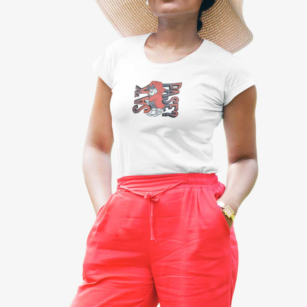 Female model wearing a white Sak Pase t-shirt form AyiTee