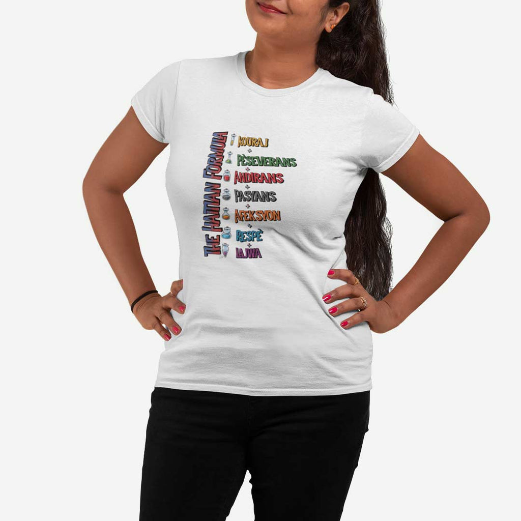 Female Model Wearing A White The Haitian Formula T-Shirt From AyiTee