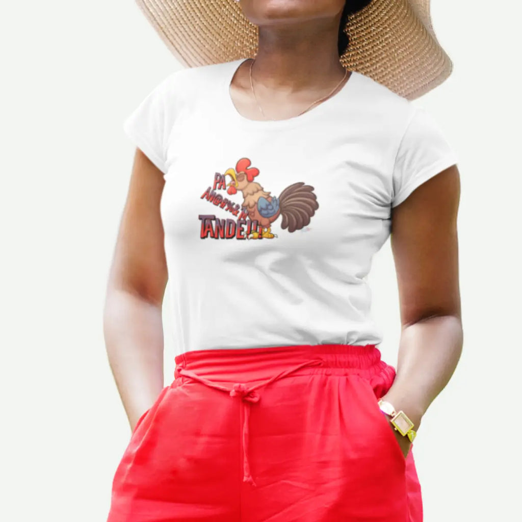 Female model wearing a white Pa Anmède'm Tande t-shirt from AyiTee