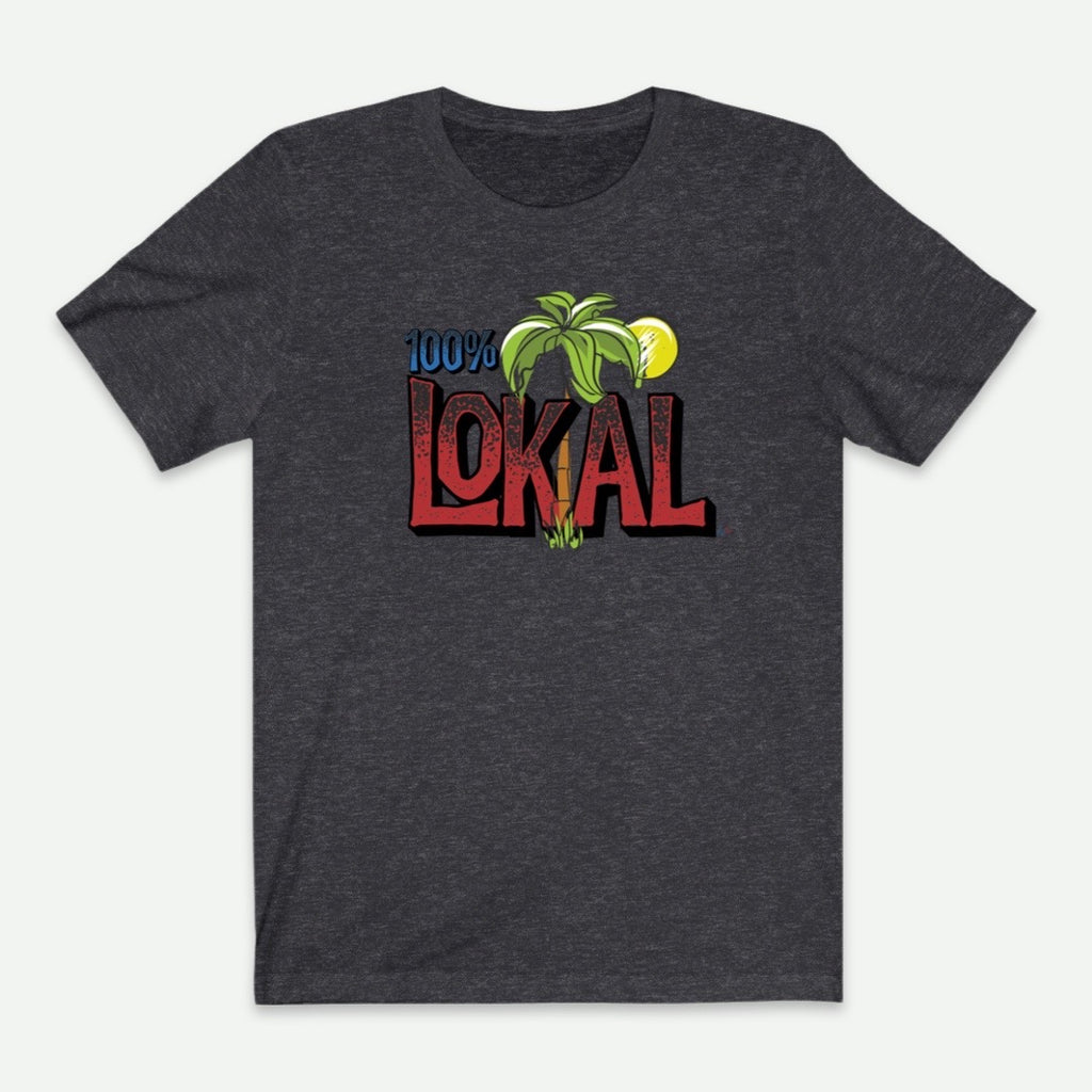 Flat Lay Of A Dark Heather Grey 100% Lokal T-Shirt For Men From AyiTee