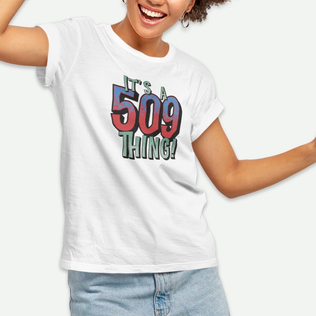 Female Model Wearing A White It's A 509 Thing T-Shirt From AyiTee