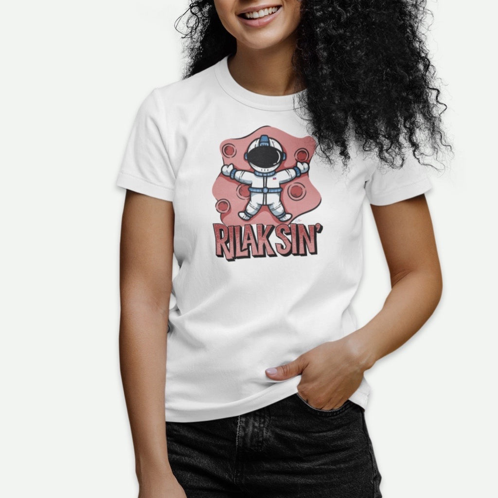 Female Model Wearing A White Rilaksin T-Shirt From AyiTee