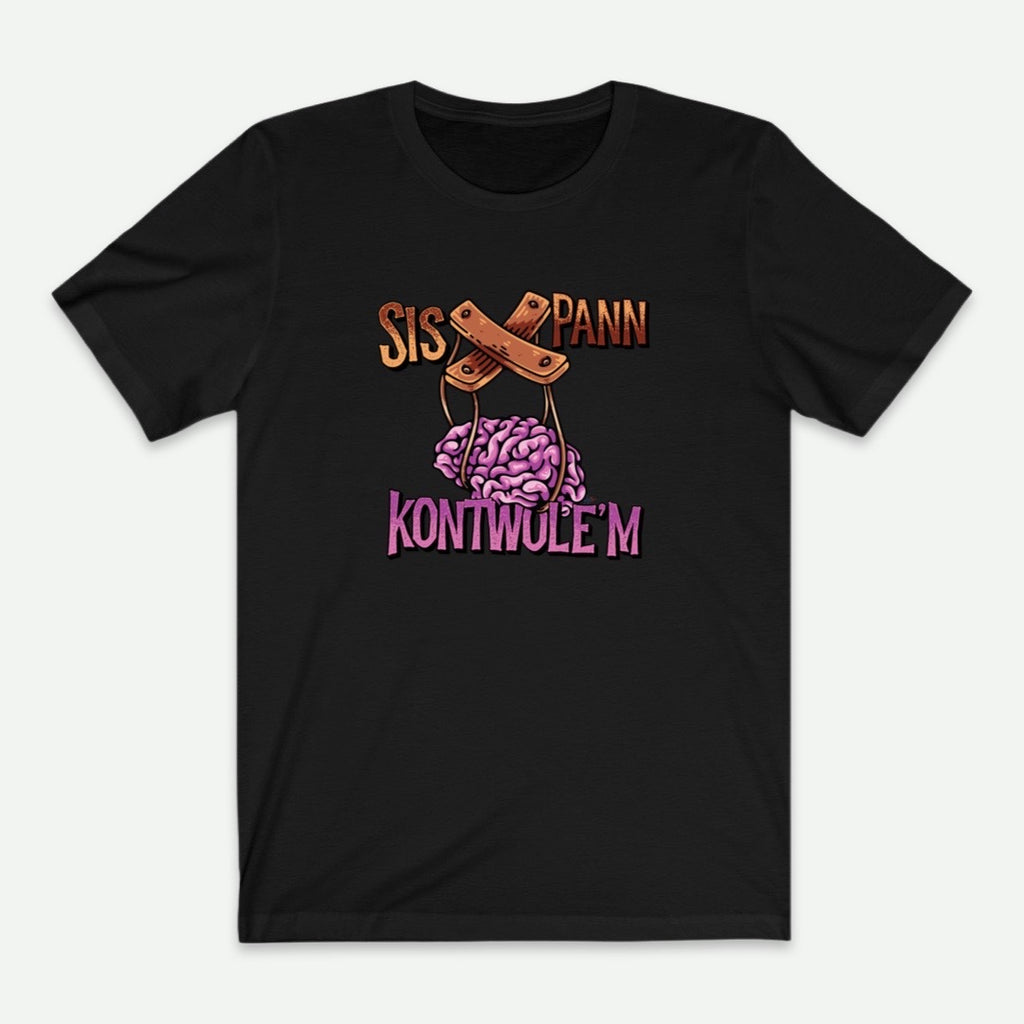 Flat Lay Of A Black Sispann Kontwole'm T-Shirt For Men From AyiTee