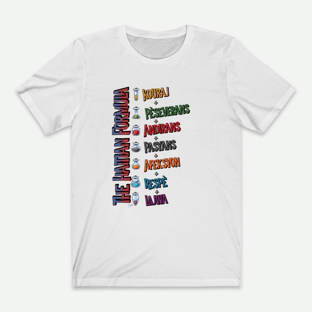 Flat Lay Of A White The Haitian Formula T-Shirt For Men From AyiTee