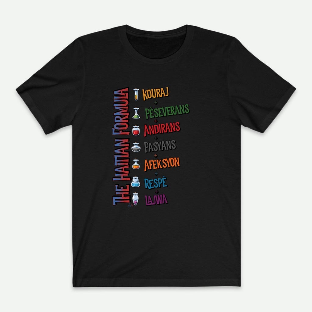 Flat Lay Of A Black The Haitian Formula T-Shirt For Men From AyiTee