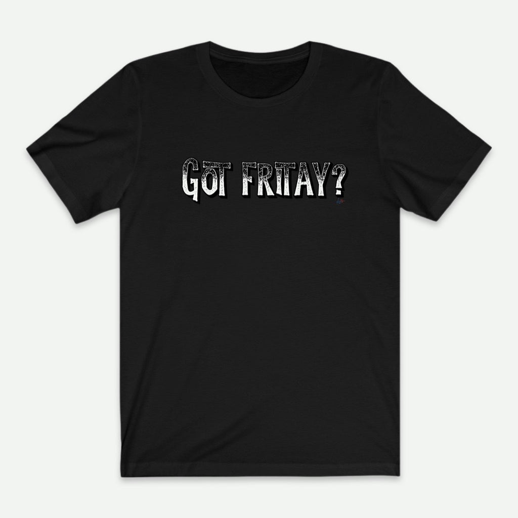 Flat Lay Of A Black Got Fritay T-Shirt For Men From AyiTee