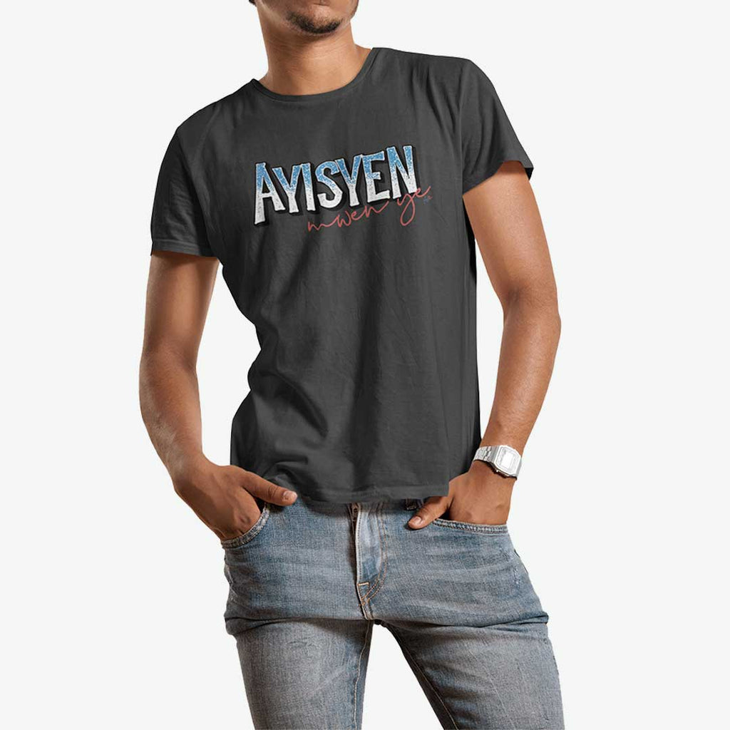 Male model wearing a black Ayisyen Mwen Ye t-shirt from AyiTee