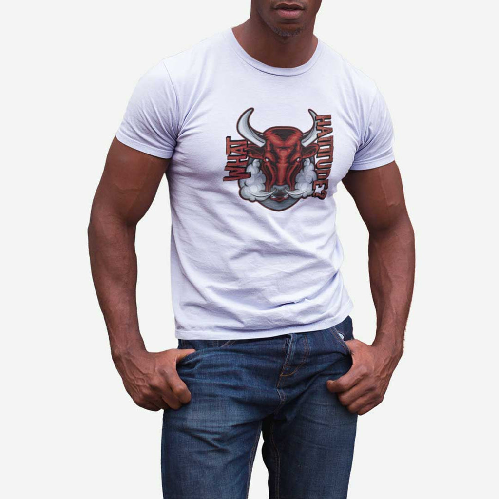 Male model wearing a white What Haititude t-shirt from AyiTee