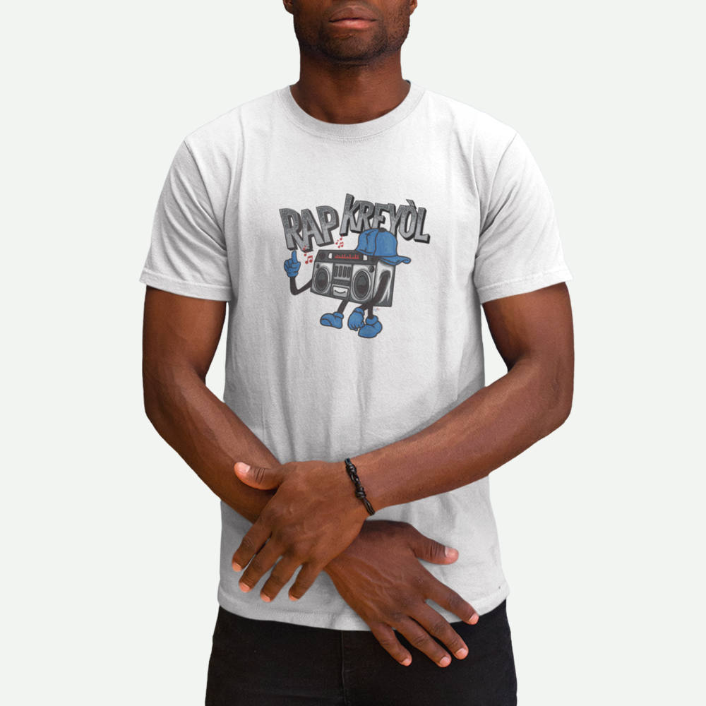 Male model wearing a white Rap Kreyol t-shirt from AyiTee