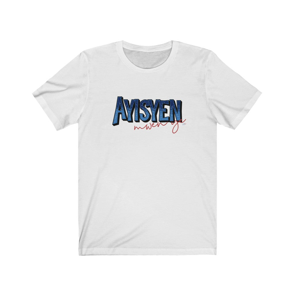 Flat lay of a white Ayisyen Mwen Ye t-shirt from AyiTee